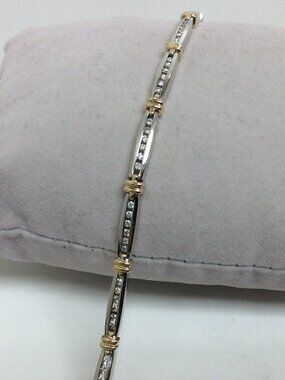 14k White/Yellow Real Solid 2Tone Gold Lady Diamond Tennis Bracelet 7''  13.80gr